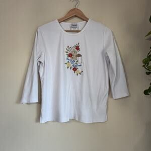 Nikki White Tee with Embroidered Floral & Birdhouse Three Quarter Sleeve Size M
